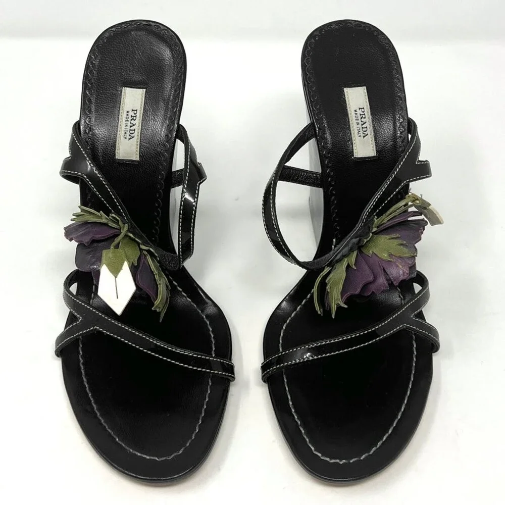 Prada Black Patent Leather Floral Wedge Sandals Strappy Heels Made‎ in Italy 37